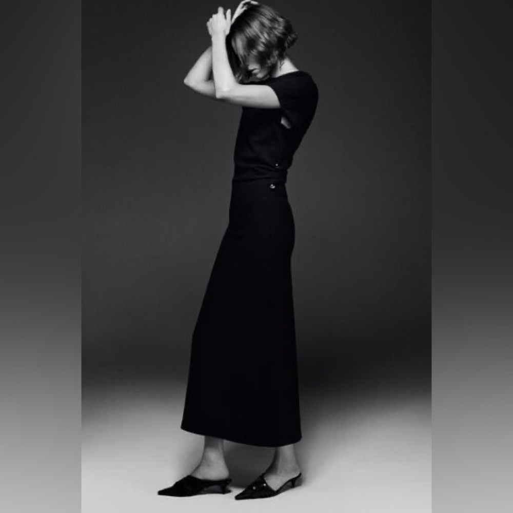 ๐ฉต ZARA BLACK STRETCH DRAPED METAL APPLIQUE MAXI SLIT DRESS sz Med